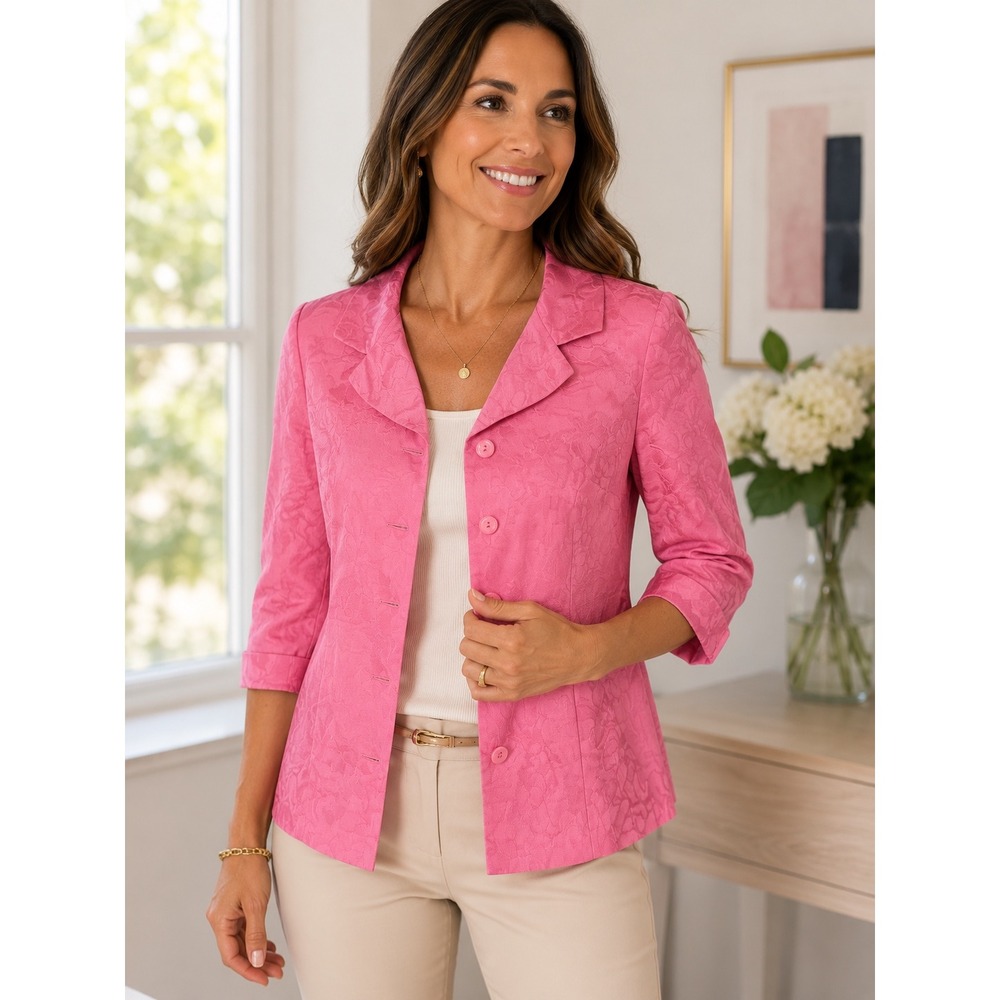 Talbots Petites Pink Linen Silk Floral Jacquard‎ Blazer Jacket Womens 10P office